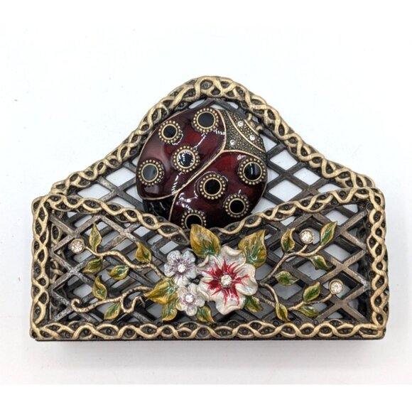 Enameled Floral Ladybug Brass Business Card Holder with Rhinestones 4x3" - Picture 1 of 8